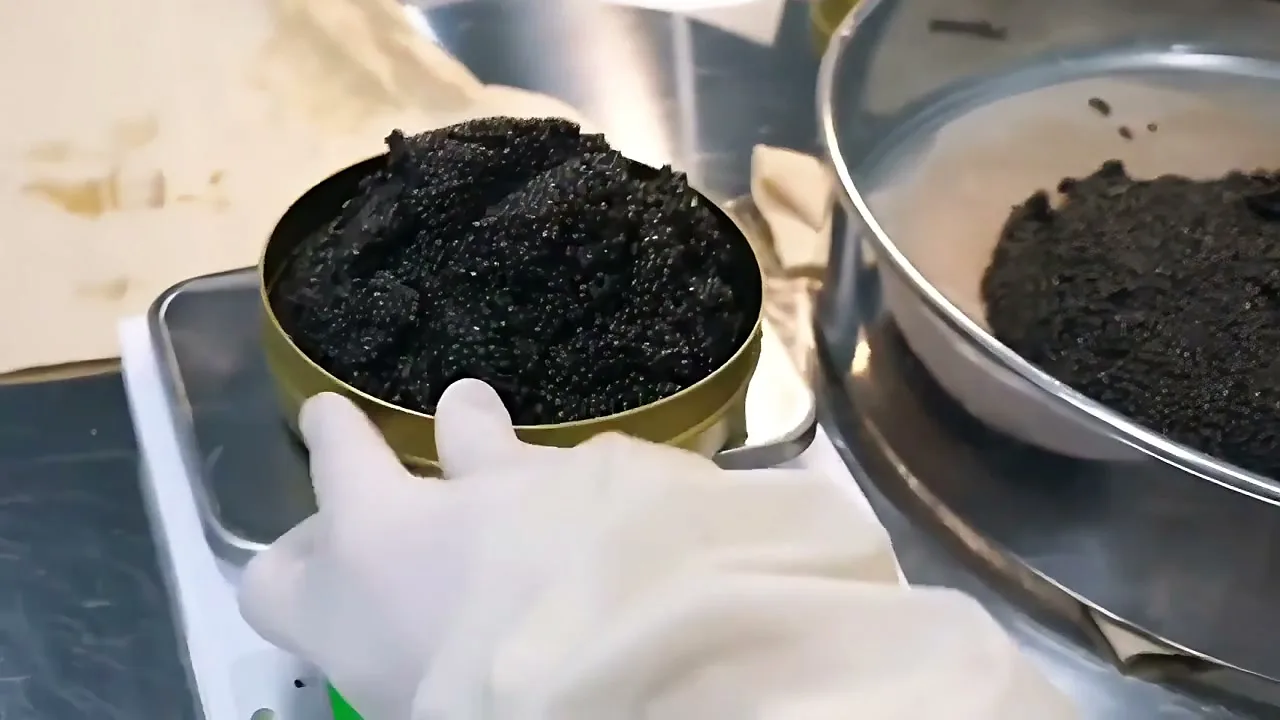 A tin of caviar being weighed as it is packed to order