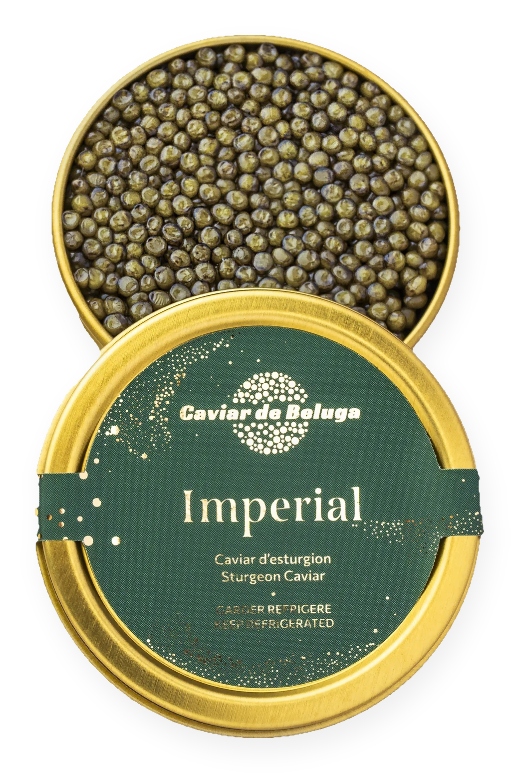 Imperial caviar in an open tin beside its tin lid