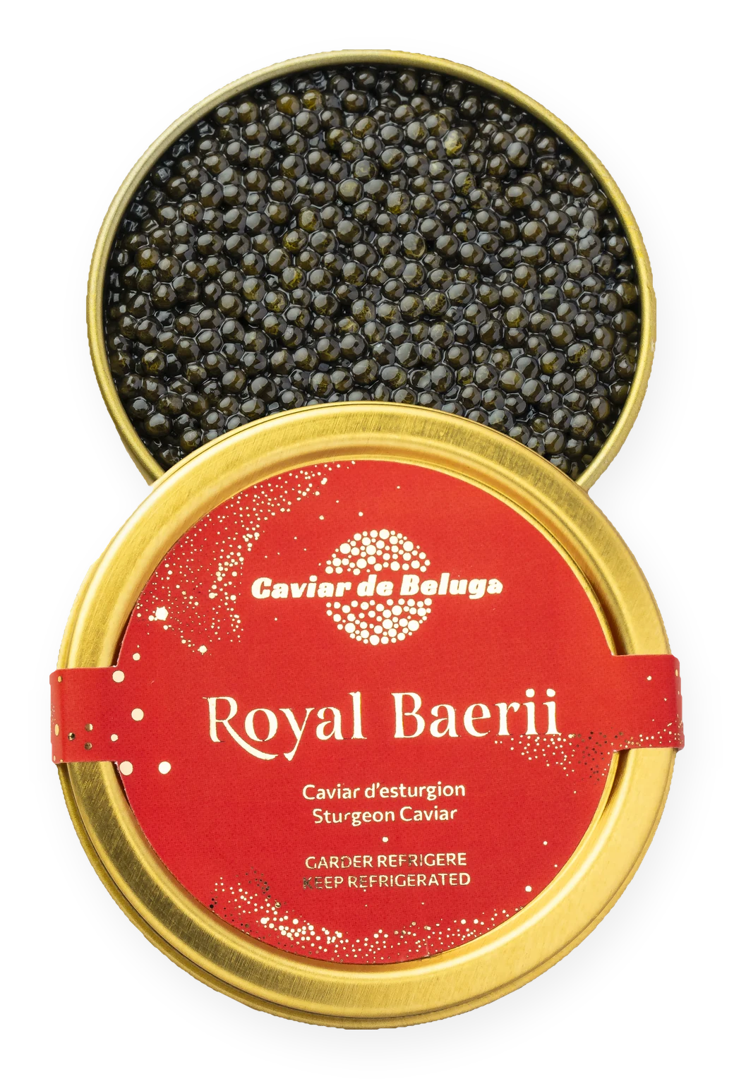 Royal Baerii caviar in an open tin beside its tin lid