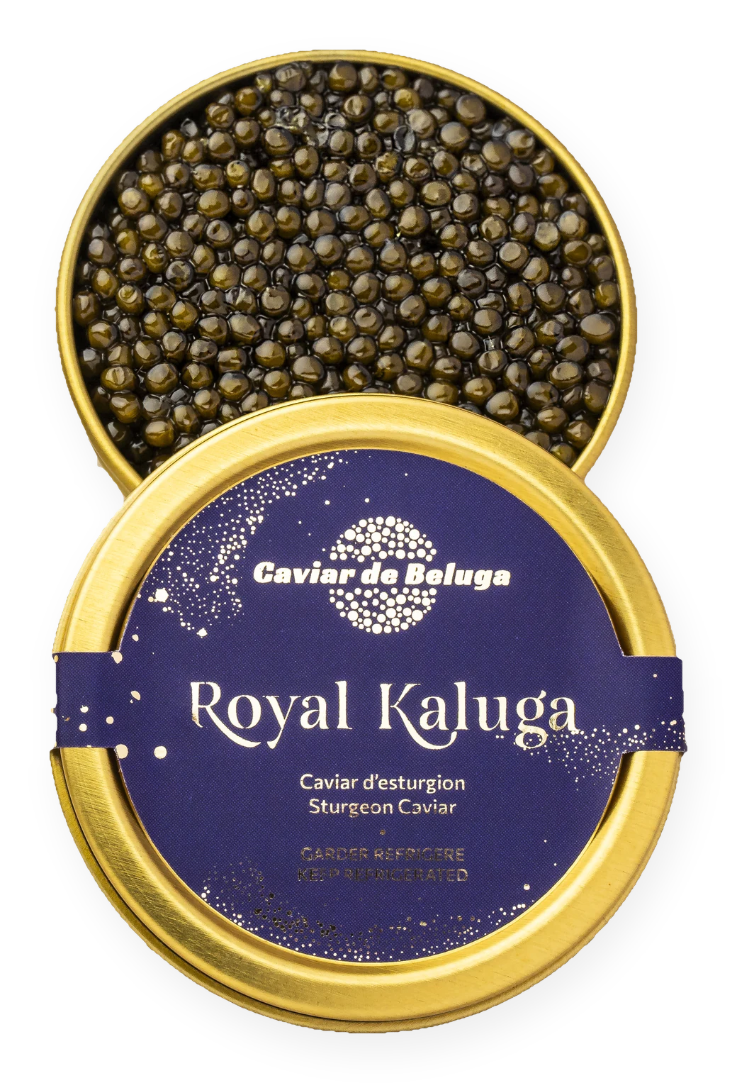 Royal Kaluga caviar in an open tin beside its tin lid