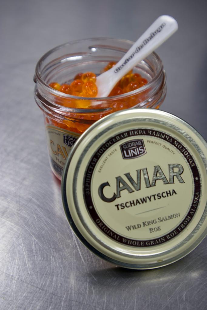 Wild King Salmon Roe in glass jar — vibrant orange roe with fresh oceanic finish