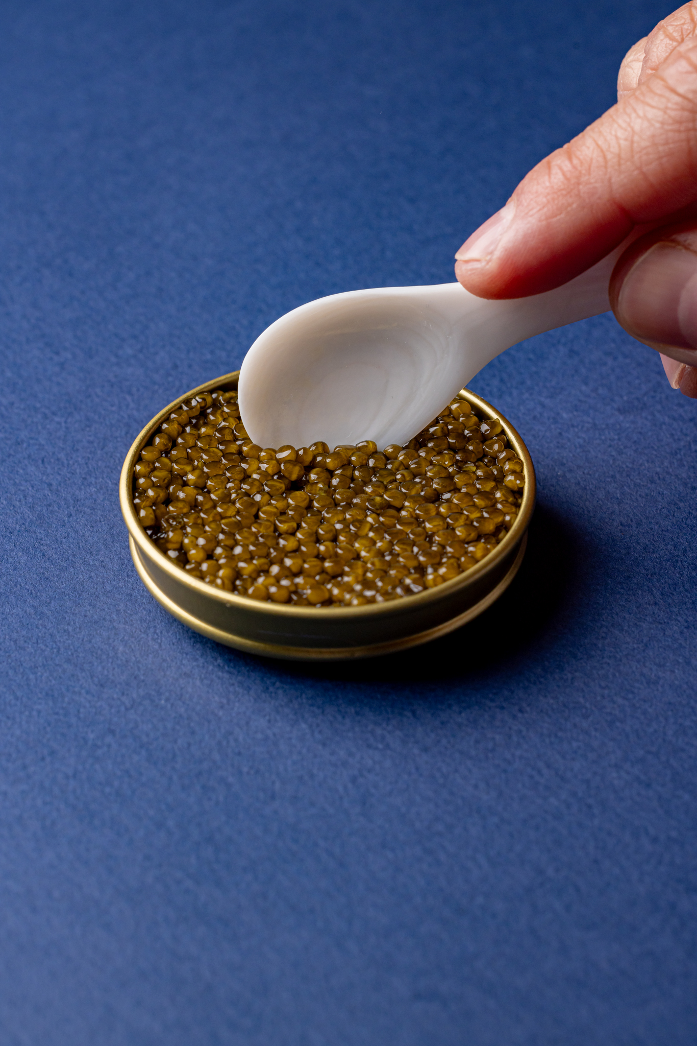 Oscietra caviar being served with a pearl spoon from a studio-lit tin